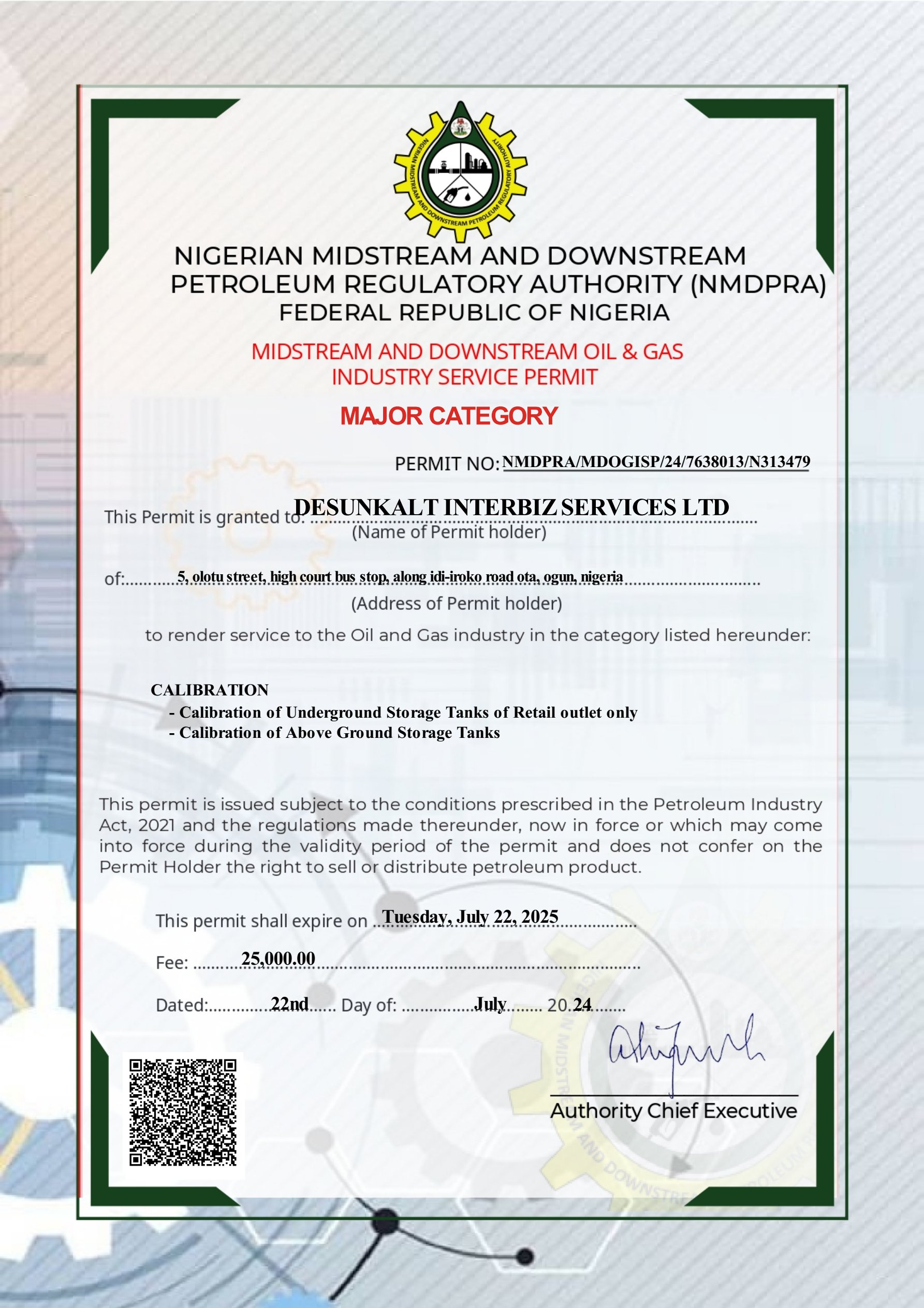 Calibration Service Permit