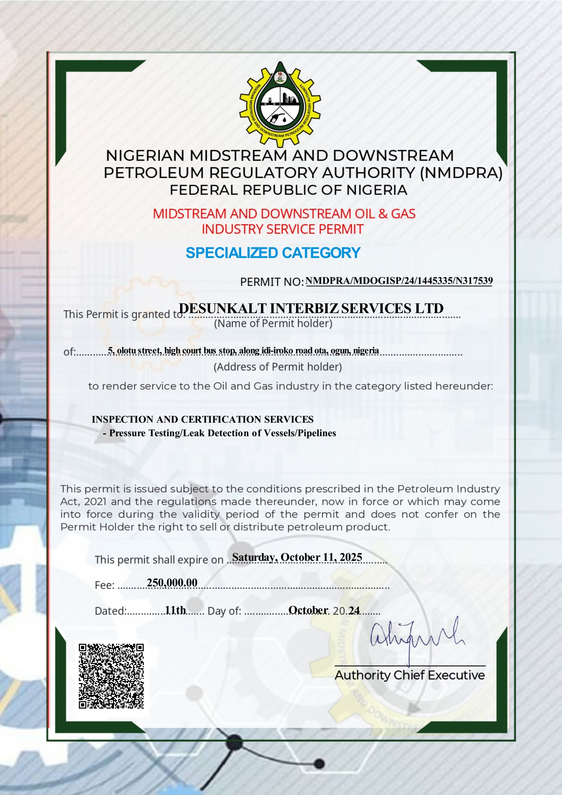 Inspection & Certification Services Permit